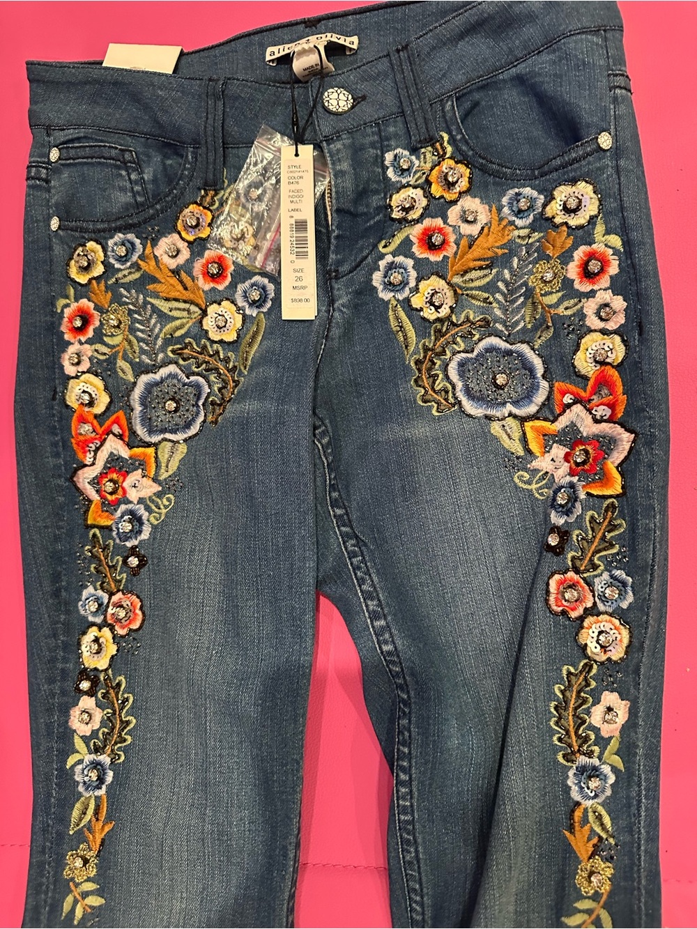 Alice + Olivia Blue Flare Jeans with Multicolor Floral Crystal bead Embroidery - Picture 4 of 12